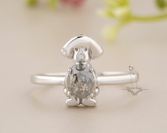 Cute Dog Ring | Oval Salt and Pepper Diamond | Salt and Pepper Ring 925 Sterling Silver | Dog Mom / Dad Unique Ring | Gift for Pet Lovers