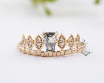 Rose Gold Tiara Ring | Vintage Style Diamond Engagement Ring | Fancy Wedding Ring | Tapper Emerald Cut Salt and Pepper Diamond Ring