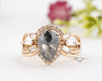 Salt and Pepper Diamond Ring | Pear Baguette Vintage Engagement Ring | 14kt Rose Gold Ring | Unique Wedding Band | Raw Galaxy Diamond