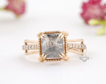 Emerald Salt and Pepper Diamond Ring | 14kt Rose Gold Ring | Engagement Ring | Unique Wedding Band | Vintage Promise Ring | Antique Ring