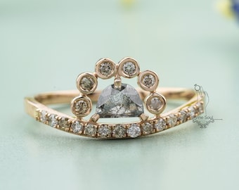Half Moon Salt and Pepper Diamond Ring Engagement | 14kt Rose Gold Ring for Women | Crescent Galaxy Diamond Wedding Ring | Vintage Ring