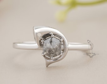 Hexagon Salt and Pepper Ring with 925 Sterling Silver | Custom Fish Engagement Ring | Solitaire Ring | Pieces Fish Ring with Natural Diamond