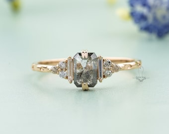 Vintage Promise Ring | Salt and Pepper Emerald with Baguette Diamond Vintage Ring | 14KT Rose Gold Engagement Ring