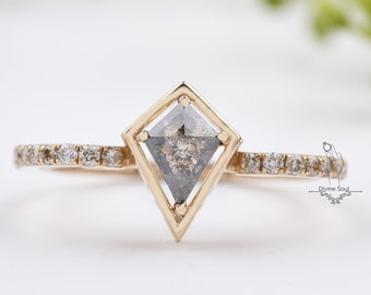 Kite shaped Salt and Pepper Engagement Ring with diamond studded band in 14kt Rose Gold. Vintage Promise Ring. Galaxy Diamond Ring for her