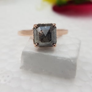 Emerald salt and pepper diamond Ring, rare diamond engagement ring, vintage wedding ring, Emerald diamond ring, Gray Solitaire ring.