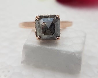 Huge Emerald cut Salt and Pepper Diamond Engagement Ring | Rare Diamond Vintage Wedding Ring | Gray Solitaire Ring. Unique and stunning Ring