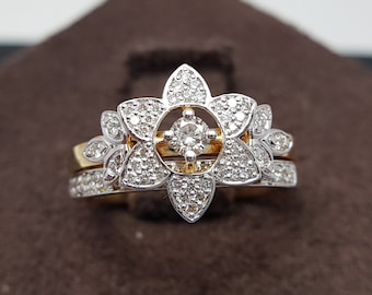 Blooming Flower Diamond Ring | Double Engagement and Wedding Ring | Two Diamond Ring Set for Women | Star Shaped Flower Stack Diamond Rings