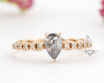 Pear Salt and Pepper Ring | Simple Engagement Ring | Raw Uncut Wedding Band | Everyday Diamond Ring | 14 kt Rose Gold Ring | Galaxy Diamond