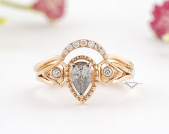 Big Pear cut Salt and Pepper Diamond Ring with Unique Band. Rose Gold Ring for Women. Teardrop Engagement Ring. Natural diamond ring set.