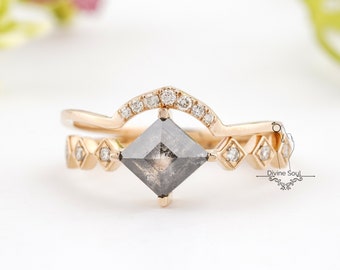 Engagement Ring with Wedding Band | Square Salt and Pepper Diamond Ring | Princess Diamond Ring | 14 kt Rose Gold Unique Promise Ring