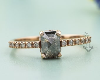 Salt and Pepper Diamond Ring | Vintage Emerald Engagement Ring | Simple Everyday Ring for Women | Antique Promise Ring