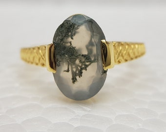Moss Agate Oval Engagement Ring | Art Deco gemsotne Vintage Wedding Band | Unique Bridal Ring Natural Green Gemstone Elegant Birthday Gift