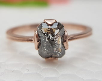 Classic Emerald Salt and Pepper Diamond Ring | Semi Translucent Diamond | Vintage Engagement Ring | Rare petal claw setting. Gift for Her