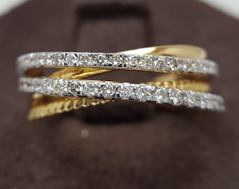 Four Band Diamond Ring | Criss Cross Engagement Band | Braid design 14KT Gold Ring | Classic Dazzling Diamond Ring | Two Tone Ring for her