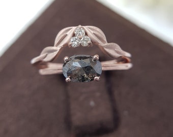 Oval Salt and Pepper Diamond Ring Set | Matte finish Engagement Wedding band | Elegant Stackable Rare Vintage Gold Leaf Diamond Promise Ring