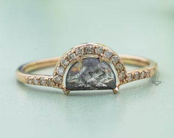 Vintage Engagement Ring | Salt and Pepper Half Moon Cut / Crescent Shape 14KT Rose Gold Engagement Ring | Vintage Wedding Rings