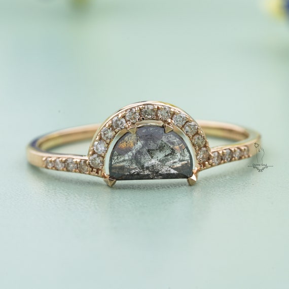 Vintage Engagement Ring | Salt and Pepper Half Moon Cut / Crescent Shape 14KT Rose Gold Engagement Ring | Vintage Wedding Rings