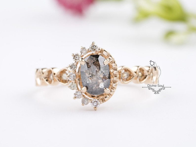 Oval Salt and Pepper Engagement Ring Vintage Wedding Ring 14kt Rose