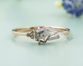 Unique Wedding Ring | Salt and Pepper Pentagon Diamond | 14KT Rose Gold Engagement Ring | Simple Everyday Diamond Ring