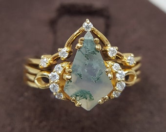 Kite Gemstone Engagement Ring | Moss Agate Precious Stone Wedding Ring | Precious Jewel Stack Rings | Unique Spiritual Stone 14KT Gold Ring