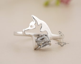 Dog Head Ring Emerald Salt and Pepper Diamond | Dog Face Ring 925 Sterling Silver | Gift for Dog Lovers | Personalized Ring Free Engraving
