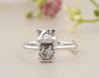 Natural salt and pepper diamond Cat ring. Hexagon Salt and Pepper Ring. Cute little Cat Ring. Pet inspired cat diamond Ring in gold | silver