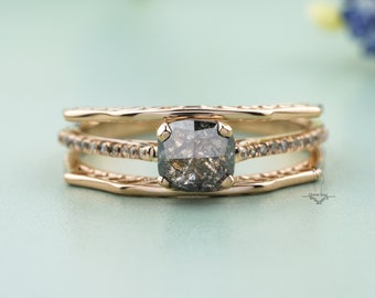 Octagon Salt and Pepper Diamond Engagement Ring | 14KT Rose Gold Wedding Ring | Vintage Promise Ring | Modern Ring | Custom band