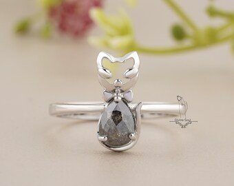 Kitty Cat Diamond Ring in 925 Sterling Silver | Pear Salt and Pepper Ring | Cute Kitty Cat Ring | Thanksgiving Gift | Fall Christmas Gift
