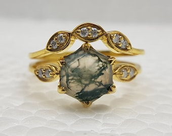Hexagon Natural Moss Agate Engagement Ring Set | Diamond Stacking Eternity Promise Ring | Nature inspired Art Deco Diamond wedding band.