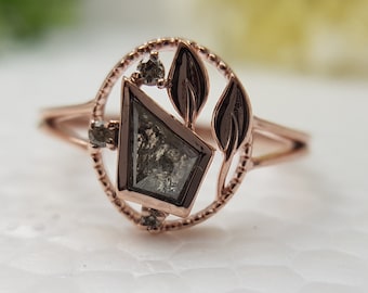 Kite Shape Raw Salt and Pepper Diamond Ring | Unique Leaf Design Wedding Ring | One of a Kind historic Diamond Ring | Autumn engagement ring