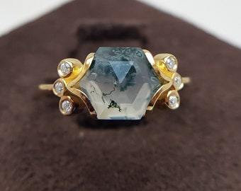 14KT Yellow Gold Solitaire Ring | Hexagon Cut Moss Agate Engagement Ring. Vintage Natural Green Moss Agate Ring | 2.2ct. unique diamond Ring