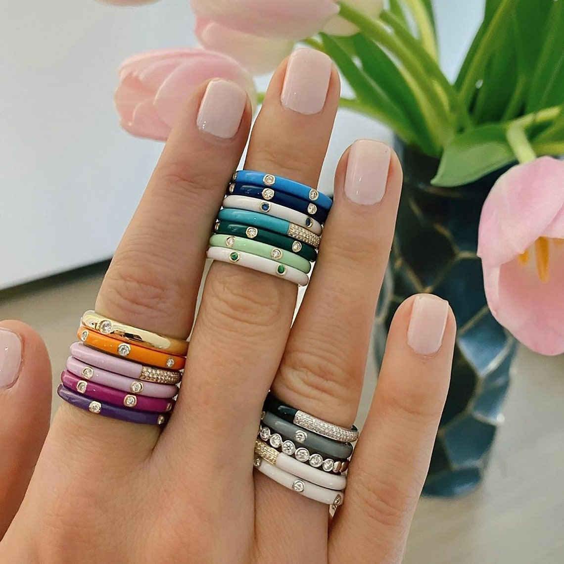S925 Colorful Enamel Stack Rings Multi Color Enamel Band Etsy