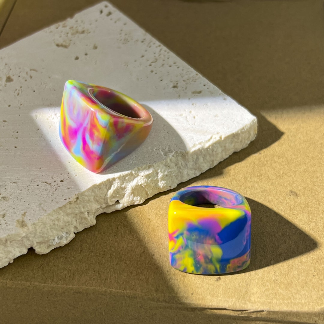 Pastel Mixed Color Square Resin Rings Rainbow Halo Dyed Etsy