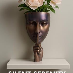 May include: A bronze-colored vase shaped like a face with a finger to its lips, holding a bouquet of pink flowers. The vase has a metallic gradient finish. The text "SILENT SERENITY" is at the bottom.