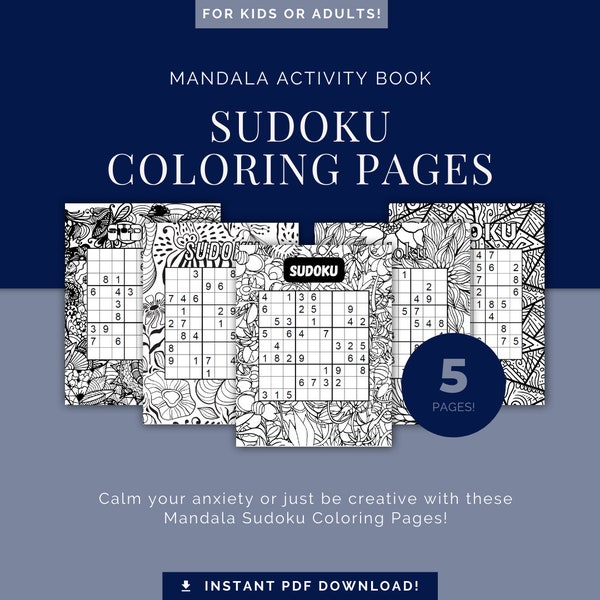 Sudoku Coloring Book (5 page PDF INSTANT DOWNLOAD), Adult activity book, Mandala Coloring Pages for Anxiety Relief