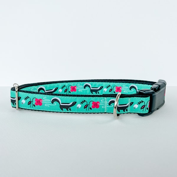 Cute Skunks Floral Dog Collar, Turquoise Dog Collar, Adjustable Dog Collar