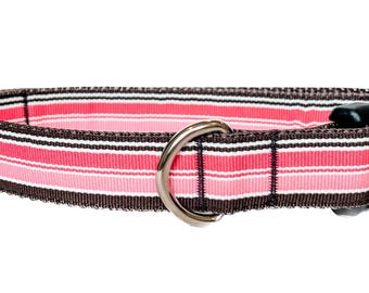 Striped Dog Collar: Pink, White & Brown Grosgrain Ribbon Adjustable Collar