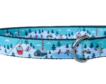 Winter Ski Scene Dog Collar: Christmas & Holiday Adjustable Collar