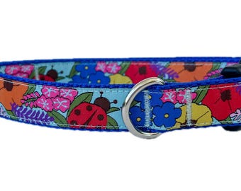 Ladybug Floral Dog Collar: Royal Blue Garden Design