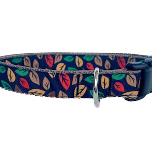 Fall Autumn Green, Red, & Yellow Leaves On Black Grosgrain Ribbon Adjustable Dog Collar