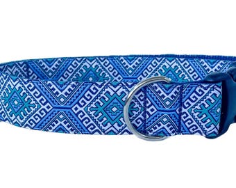 Blue Aqua Geometric Dog Collar: Wide Style Handmade Adjustable Collar