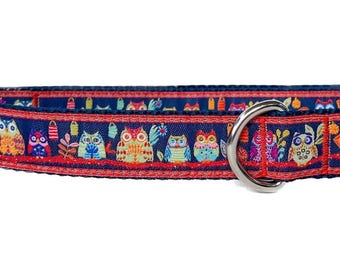 Forest Owls on Midnight Blue Jacquard Ribbon Fall Autumn Season Adjustable Dog Collar