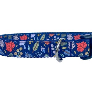 Fall Autumn Orange, Green, Blue & Gold Leaves On Navy Grosgrain Ribbon Adjustable Dog Collar