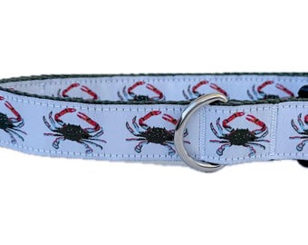 Coastal Blue Crabs Dog Collar: Adjustable, Nylon, Jacquard Ribbon