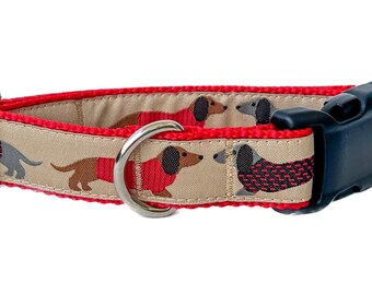 Sweater Weather Dachshund Dog Collar: Tan & Red, Adjustable
