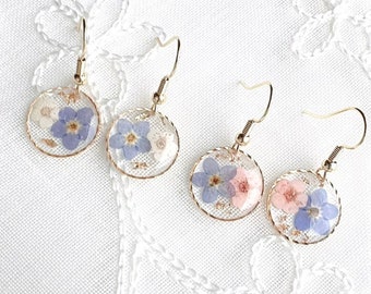 Real Pressed Forget Me Not Dangle Earring, Pressed Flowers Round, Handmade Dry Flower Earrings, Sterling Silver, Gold Plated, Christmas Gift
