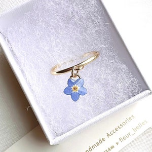 Real Forget Me Not Ring, Flower Pendant Adjustable Ring, Handmade Tiny Blue Pressed Flowers Ring, Gold Plated, Valentines Love Gift for her