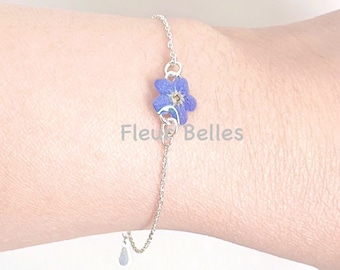 Real Forget Me Not Bracelet Handmade Tiny Blue Pressed Flower Sterling Silver Jewellery Special Memory Birthday Christmas Love Gift for Her