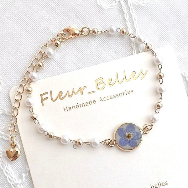 Real Forget Me Not Bracelets, Handmade Pearls Bracelets, Small Round Pressed flowers, Gold Plated Chain & Link Bracelets, Gift for her