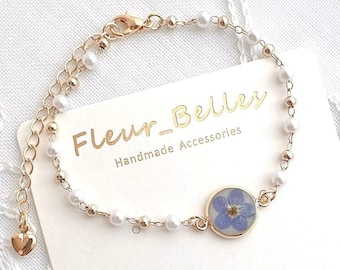 Real Forget Me Not Pearl Bracelet Handmade Blue Pressed Flower Gold Plated Wedding Memory Mother Birthday Beloved Christmas Gift for Her